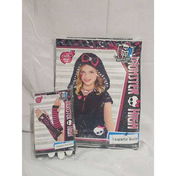 MONSTER HIGH FANGTASTIC HOODIE ZIP VEST BLACK COSTUME With GLOVES CHILD M 8-10 - Picture 1 of 9